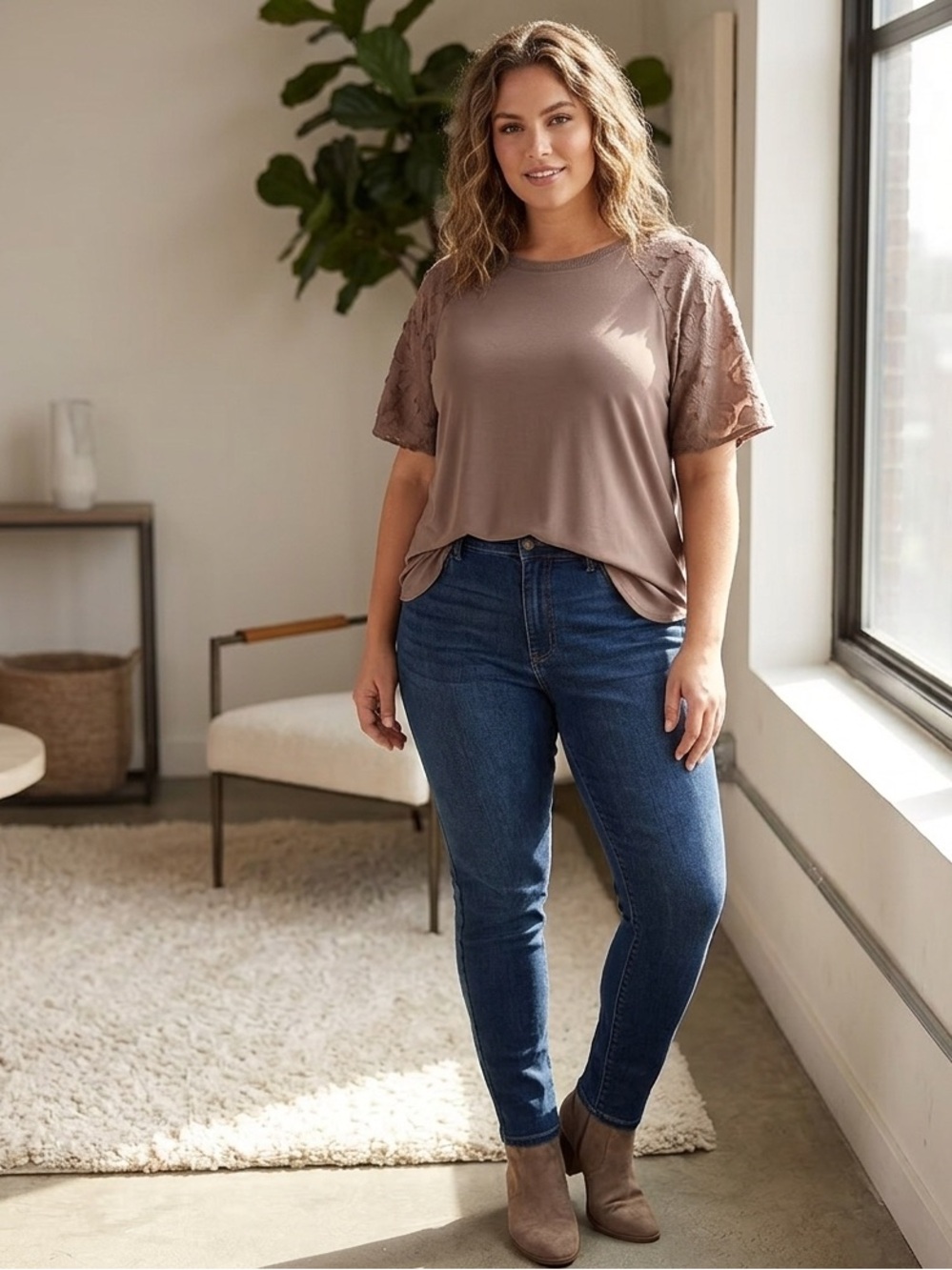 Nordstrom Rack Mocha Blouse with Floral Sleeves